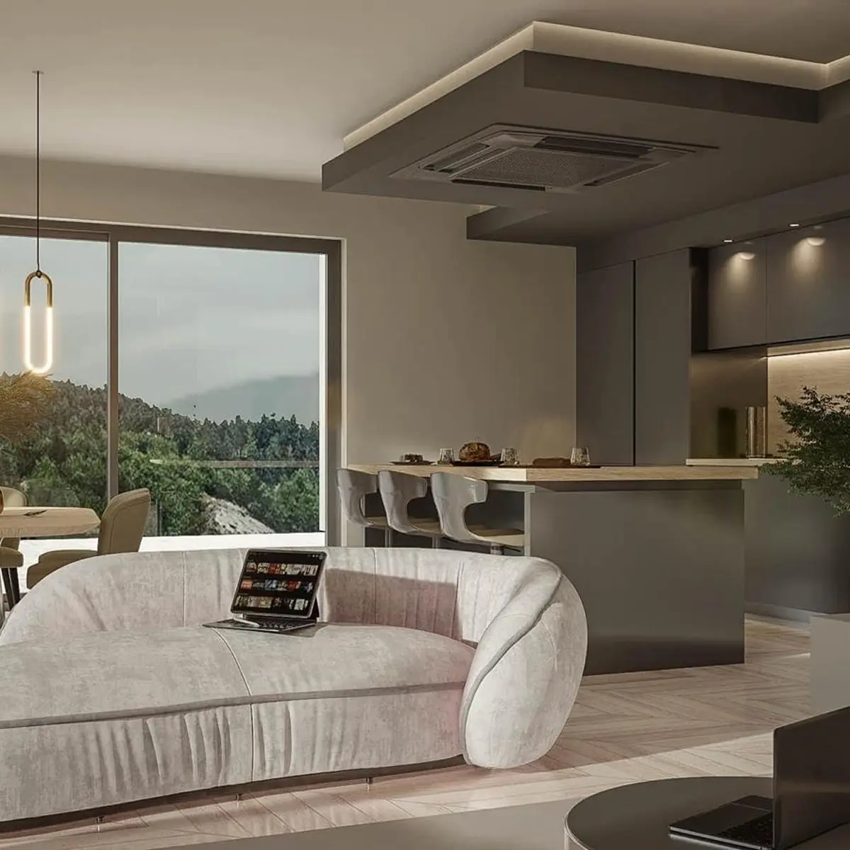 Vista esterna del ristorante subacqueo: struttura futuristica multilivello con ampie vetrate panoramiche, luci al neon rosa e grandi formazioni coralline.