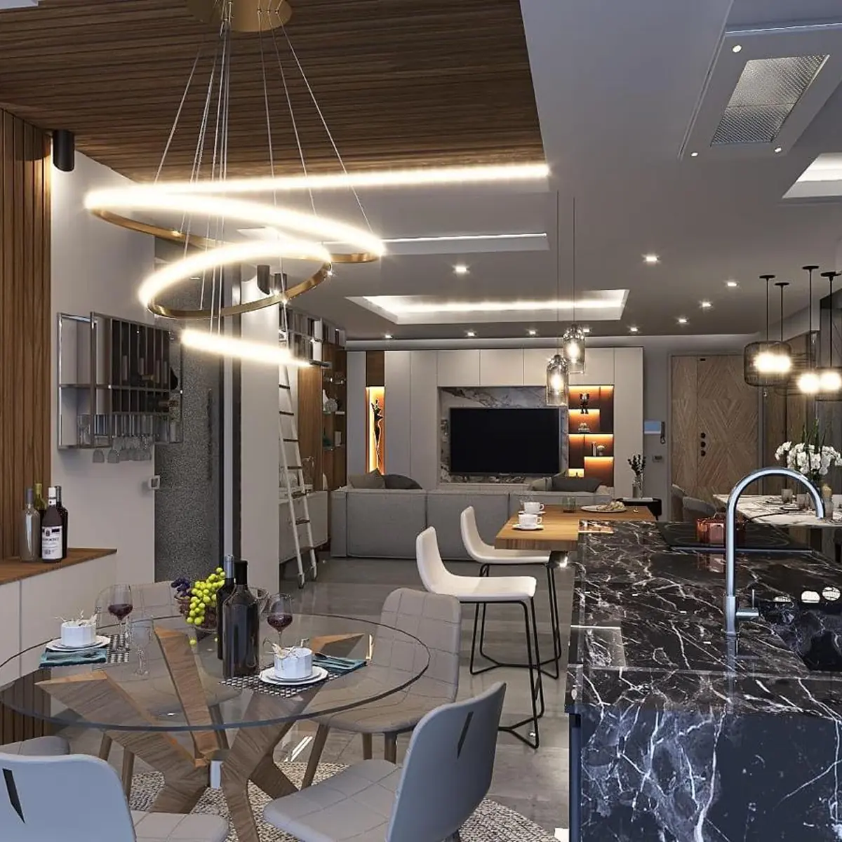 Area bar del ristorante Riff: elegante bancone con espositore ad arco, luci d'atmosfera e il caratteristico soffitto ondulato rosa.